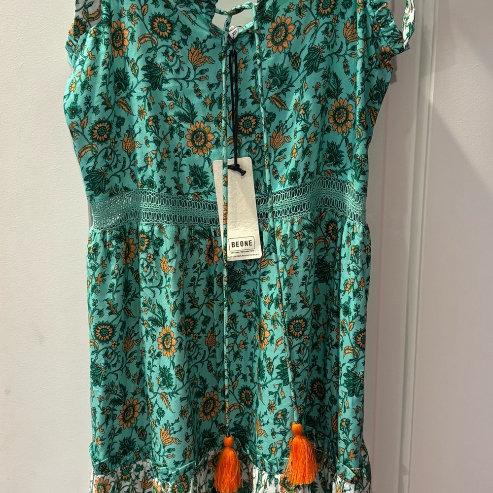 CELINA MOON Teal Dress with Orange Floral Design